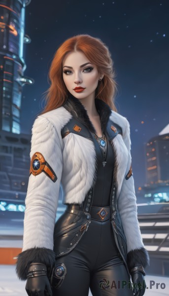 1girl,solo,long hair,breasts,looking at viewer,blue eyes,brown hair,gloves,long sleeves,brown eyes,jewelry,standing,jacket,cowboy shot,earrings,outdoors,open clothes,sky,black gloves,pants,necklace,orange hair,blurry,open jacket,lips,coat,fur trim,bodysuit,makeup,night,white jacket,lipstick,star (sky),night sky,pendant,eyeshadow,freckles,realistic,red lips,closed mouth,red hair,belt,artist name,mole,grey eyes,black pants,building,gem,snow,starry sky,snowing,city,nose,arms at sides,black bodysuit,white coat,cityscape,skyscraper,mascara