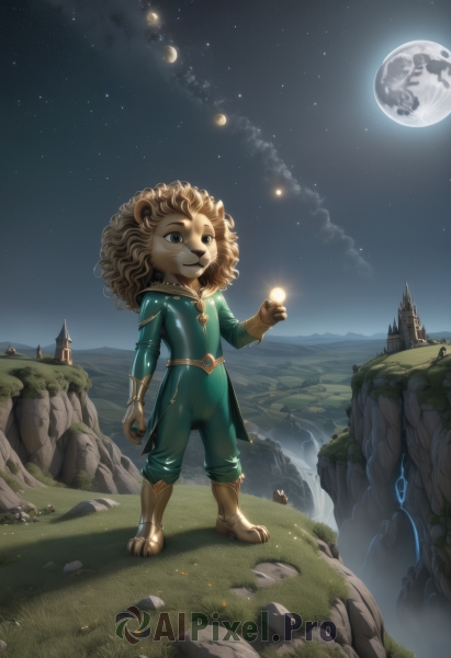 solo,brown hair,gloves,1boy,animal ears,standing,full body,male focus,boots,outdoors,sky,artist name,cloud,water,bodysuit,night,glowing,moon,grass,looking up,star (sky),night sky,scenery,claws,furry,full moon,starry sky,curly hair,rock,mountain,fantasy,magic,furry male,planet,waterfall,cliff,1girl,long hair,blonde hair,jewelry,tail,flower,necklace,watermark,furry female,brown fur,green bodysuit