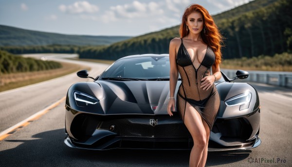 1girl,solo,long hair,breasts,looking at viewer,smile,large breasts,brown hair,dress,navel,cleavage,brown eyes,jewelry,underwear,collarbone,panties,swimsuit,bikini,earrings,outdoors,day,orange hair,blurry,black dress,bracelet,lips,see-through,hand on hip,black panties,blurry background,ground vehicle,fishnets,breasts apart,motor vehicle,car,vehicle focus,sports car,red hair,plunging neckline