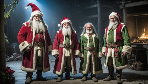 HQ,long hair,looking at viewer,gloves,long sleeves,hat,closed mouth,standing,full body,white hair,male focus,boots,outdoors,multiple boys,black gloves,belt,pants,coat,fur trim,night,facial hair,brown footwear,3boys,plant,box,christmas,red headwear,beard,snow,santa hat,brown gloves,santa costume,4boys,mustache,candle,bald,old,old man,signature,fire,realistic,sack,manly