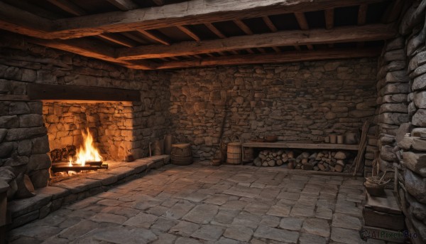 indoors,no humans,fire,scenery,wooden floor,stairs,wall,brick wall,torch,barrel,treasure chest,stone floor,stone wall,fireplace,crate,wood,brick,sitting,sword,chair,plant,rug,log,campfire