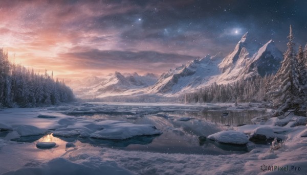 outdoors,sky,cloud,water,tree,no humans,night,cloudy sky,star (sky),nature,night sky,scenery,snow,forest,starry sky,sunset,rock,snowing,mountain,winter,river,landscape,mountainous horizon,lake,campfire,pine tree,reflection,ice,watercraft,boat,footprints