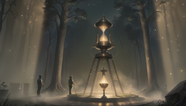 1girl,black hair,1boy,hat,holding,standing,outdoors,multiple boys,pants,2boys,from behind,tree,night,grass,nature,scenery,light particles,forest,lantern,light,fog,male focus,helmet,walking,lamppost