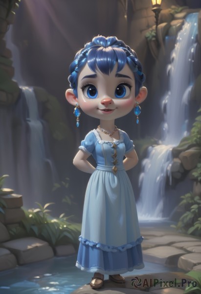 1girl,solo,breasts,looking at viewer,blush,smile,short hair,open mouth,blue eyes,dress,jewelry,blue hair,standing,full body,braid,short sleeves,earrings,small breasts,outdoors,shoes,teeth,puffy sleeves,artist name,water,necklace,puffy short sleeves,blue dress,brown footwear,arms behind back,sandals,sunlight,gem,child,furry,light rays,furry female,female child,crown braid,waterfall,parted lips,see-through,eyelashes,leaf,watermark,rock,light,lamp