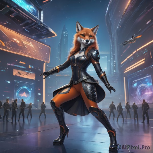 1girl,long hair,breasts,blue eyes,multiple girls,animal ears,cleavage,medium breasts,standing,jacket,tail,full body,small breasts,boots,outdoors,multiple boys,solo focus,pants,orange hair,armor,high heels,clothing cutout,bodysuit,night,cleavage cutout,gauntlets,building,furry,science fiction,6+boys,city,aircraft,furry female,mechanical arms,cyborg,spacecraft,cyberpunk,orange fur,holographic interface,digitigrade,hologram,looking at viewer,gloves,artist name,military,star (sky),high heel boots,realistic,fantasy