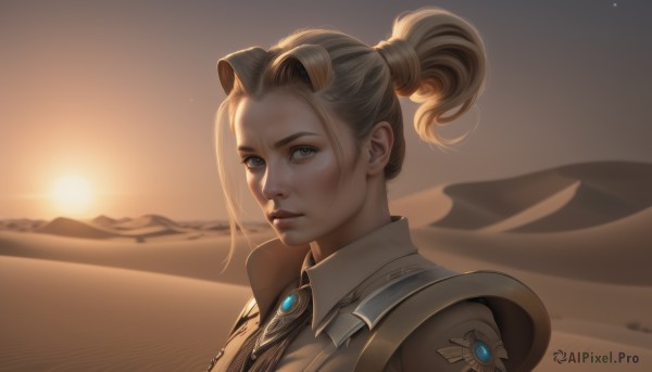 1girl,solo,looking at viewer,short hair,blue eyes,blonde hair,jewelry,upper body,ponytail,outdoors,parted lips,sky,artist name,armor,lips,grey eyes,brooch,portrait,backlighting,freckles,sunset,realistic,nose,sand,desert,brown hair,brown eyes,closed mouth,blurry,sunlight,mountain,sun