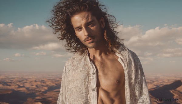 solo,long hair,looking at viewer,brown hair,shirt,black hair,1boy,nipples,closed eyes,white shirt,upper body,male focus,outdoors,open clothes,sky,day,cloud,blurry,blue sky,lips,open shirt,facial hair,ocean,pectorals,messy hair,beard,curly hair,realistic,chest hair,brown eyes,jewelry,earrings,dark skin,beach,dark-skinned male