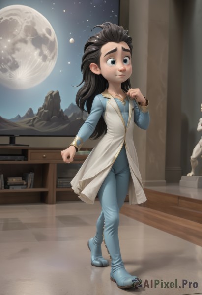 1girl,solo,long hair,smile,blue eyes,black hair,full body,boots,sky,pants,artist name,black eyes,book,night,moon,thick eyebrows,aged down,child,star (sky),night sky,full moon,starry sky,freckles,walking,blue footwear,female child,breasts,bodysuit