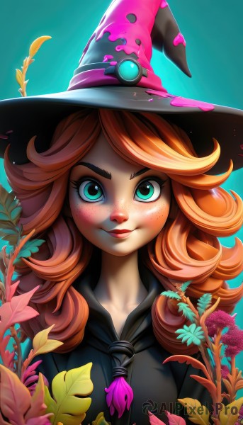 1girl,solo,long hair,looking at viewer,blush,smile,bangs,shirt,hat,closed mouth,green eyes,upper body,flower,necktie,artist name,orange hair,aqua eyes,lips,gradient,gradient background,eyelashes,makeup,witch hat,leaf,watermark,blue background,plant,gem,black necktie,freckles,curly hair,nose,witch,flipped hair,blue eyes,red hair,black dress,web address,aqua background