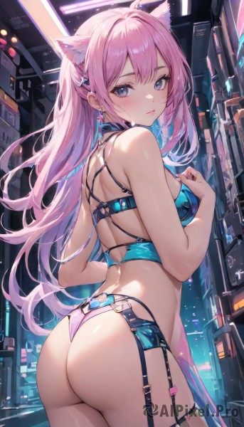 1girl,solo,long hair,breasts,looking at viewer,blush,bangs,blue eyes,hair ornament,thighhighs,animal ears,bare shoulders,jewelry,medium breasts,closed mouth,underwear,standing,panties,pink hair,ass,ahoge,thighs,multicolored hair,cowboy shot,earrings,parted lips,choker,hairclip,shiny,looking back,virtual youtuber,cat ears,hand up,from behind,bra,animal ear fluff,bare arms,thigh strap,back,garter straps,lingerie,hand on own chest,extra ears,thong,harness,blue hair,swimsuit,heart,sidelocks,from side,two-tone hair,skindentation,black choker,hair intakes,wolf ears,garter belt,colored inner hair,arched back