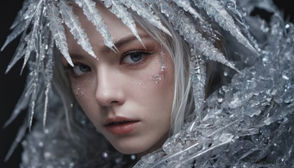 1girl,solo,looking at viewer,blue eyes,simple background,white hair,grey hair,parted lips,lips,grey eyes,eyelashes,makeup,black background,portrait,snow,freckles,ice,realistic,nose,red lips,snowflakes,short hair,bangs,hair ornament,closed mouth,water,blurry,gem,veil,close-up