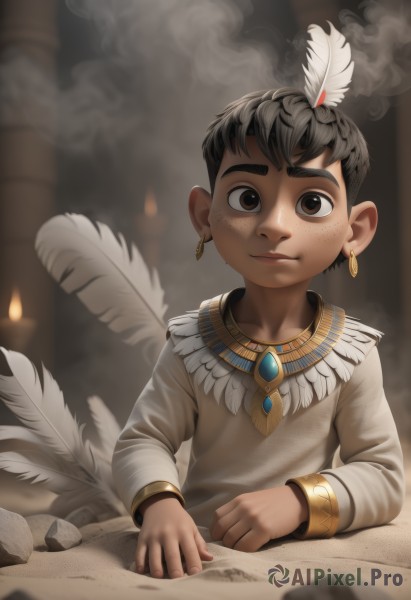 solo,looking at viewer,smile,short hair,shirt,black hair,hair ornament,long sleeves,1boy,brown eyes,jewelry,closed mouth,upper body,male focus,earrings,dark skin,necklace,blurry,blurry background,dark-skinned male,thick eyebrows,feathers,child,smoke,freckles,candle,feather hair ornament,male child,white feathers,dust,rock