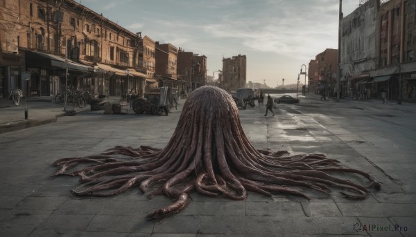 outdoors,sky,day,cloud,no humans,cloudy sky,ground vehicle,building,scenery,motor vehicle,tentacles,monster,city,car,road,cityscape,multiple others,lamppost,street,6+others,eldritch abomination,window,sign,people,pavement,crosswalk