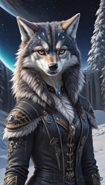 1girl,solo,breasts,looking at viewer,long sleeves,animal ears,brown eyes,jewelry,closed mouth,jacket,yellow eyes,upper body,outdoors,sky,armor,tree,coat,black jacket,orange eyes,fur trim,night,animal,fangs,moon,brooch,gem,star (sky),night sky,furry,snow,starry sky,black coat,furry female,body fur,white fur,winter,wolf,pine tree,braid,space,planet