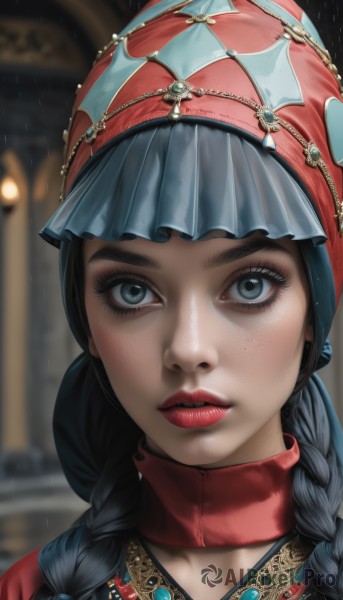 1girl,solo,long hair,looking at viewer,bangs,blue eyes,black hair,jewelry,braid,parted lips,teeth,artist name,necklace,blurry,twin braids,lips,grey eyes,eyelashes,makeup,depth of field,blurry background,lipstick,gem,portrait,close-up,eyeshadow,freckles,rain,realistic,nose,red lips,head scarf,mascara,hat,blunt bangs