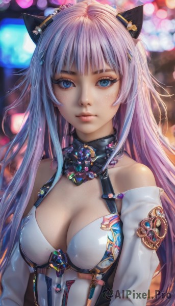 1girl,solo,long hair,breasts,looking at viewer,bangs,blue eyes,hair ornament,animal ears,cleavage,bare shoulders,medium breasts,closed mouth,upper body,pink hair,purple hair,multicolored hair,detached sleeves,artist name,cat ears,blurry,lips,eyelashes,blurry background,realistic,long sleeves,blunt bangs,leotard,depth of field,headgear,expressionless,freckles,nose,bokeh