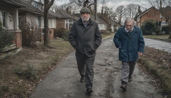 shirt,long sleeves,hat,jacket,grey hair,male focus,outdoors,multiple boys,necktie,shoes,day,pants,2boys,black footwear,tree,coat,black jacket,buttons,facial hair,scar,black pants,formal,suit,building,beard,scar on face,snow,walking,realistic,hands in pockets,mustache,road,bald,grey pants,house,old,old man,bare tree,looking at viewer,closed mouth,full body,white shirt,white hair,sky,collared shirt,blue jacket,scenery,grey jacket,sidewalk