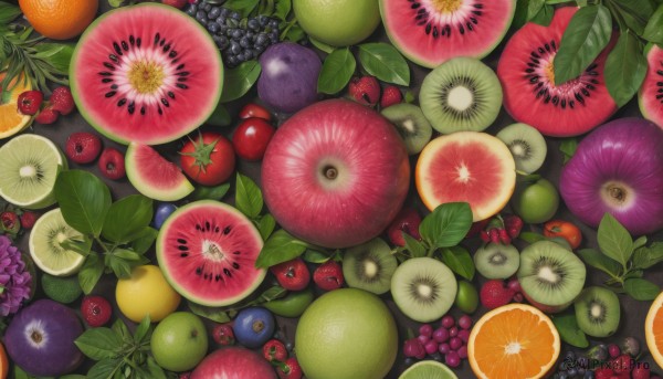 flower,food,no humans,fruit,leaf,plant,realistic,purple flower,apple,cherry,grapes,orange (fruit),food focus,tomato,still life,blueberry,orange slice,berry,kiwi (fruit),outdoors,artist name,signature,dated,from above,strawberry,lemon,pineapple