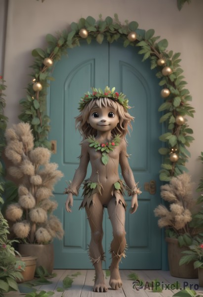 1girl,solo,breasts,looking at viewer,smile,short hair,brown hair,navel,nipples,standing,full body,nude,small breasts,barefoot,pussy,indoors,black eyes,colored skin,leaf,plant,monster girl,claws,door,potted plant,head wreath,vines,horror (theme),plant girl,ivy,blue eyes,blonde hair,animal ears,jewelry,necklace,furry,furry female,brown fur,wreath