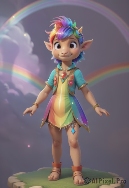 1girl,solo,looking at viewer,blush,smile,short hair,hair ornament,dress,brown eyes,jewelry,closed mouth,blue hair,standing,full body,purple hair,short sleeves,multicolored hair,outdoors,horns,sky,pointy ears,cloud,dark skin,necklace,nail polish,vest,flat chest,bracelet,two-tone hair,dark-skinned female,streaked hair,toes,watermark,short dress,sandals,cloudy sky,grass,gem,child,freckles,toenails,anklet,female child,yellow dress,rainbow,multicolored dress,rainbow hair,pink hair,goggles,web address,goggles on head