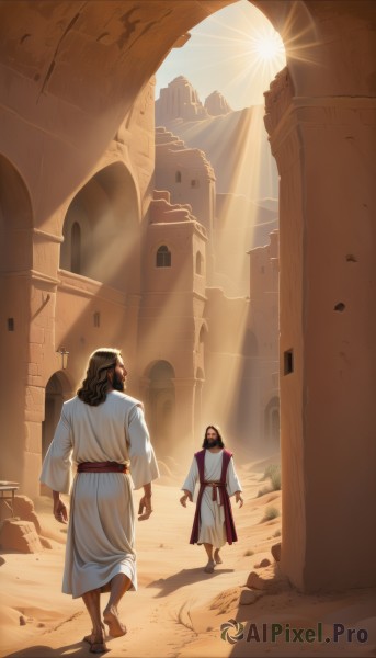 long hair,brown hair,black hair,long sleeves,standing,male focus,outdoors,multiple boys,sky,barefoot,day,2boys,from behind,facial hair,sunlight,building,scenery,beard,walking,robe,light rays,sand,arms at sides,sun,facing away,sunbeam,ruins,pillar,tunic,white robe,desert,dirty feet,hood,sandals,aged down,mountain,animification