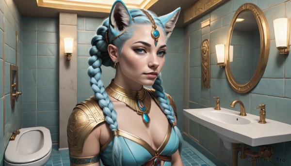 1girl,solo,long hair,breasts,looking at viewer,blue eyes,animal ears,cleavage,twintails,jewelry,medium breasts,closed mouth,blue hair,upper body,braid,hairband,earrings,indoors,cat ears,necklace,armor,twin braids,lips,animal ear fluff,makeup,shoulder armor,gem,armlet,pauldrons,circlet,mirror,realistic,nose,tiles,candle,bathroom,tile wall,mascara,sink,hair ornament,artist name,aqua hair,fake animal ears,piercing,ear piercing,extra ears,freckles,egyptian clothes