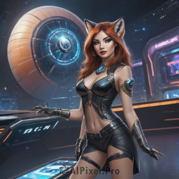 1girl,solo,long hair,breasts,looking at viewer,large breasts,brown hair,gloves,navel,animal ears,cleavage,bare shoulders,brown eyes,jewelry,medium breasts,standing,cowboy shot,earrings,shorts,black gloves,midriff,belt,cat ears,fingerless gloves,orange hair,lips,fox ears,short shorts,makeup,thigh strap,lipstick,armlet,science fiction,hoop earrings,red lips,blue eyes,red hair,sleeveless,artist name,necklace,stomach,black shorts,fox girl,realistic