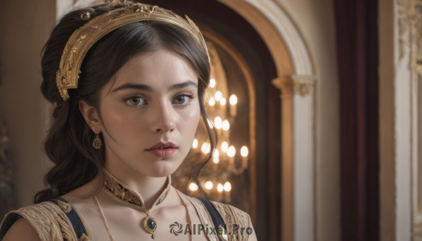 1girl,solo,long hair,looking at viewer,brown hair,black hair,dress,jewelry,closed mouth,hairband,earrings,choker,indoors,necklace,mole,blurry,black eyes,lips,grey eyes,depth of field,blurry background,portrait,freckles,realistic,nose,bangs,brown eyes,collarbone,parted lips,tiara