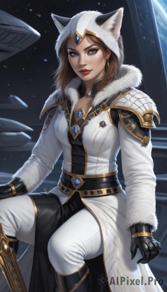 1girl,solo,long hair,breasts,looking at viewer,brown hair,gloves,long sleeves,animal ears,cleavage,brown eyes,jewelry,medium breasts,sitting,closed mouth,earrings,boots,black gloves,belt,pants,artist name,cat ears,signature,hood,armor,lips,coat,fur trim,makeup,knee boots,lipstick,shoulder armor,gauntlets,gem,pelvic curtain,eyeshadow,white pants,white coat,winter clothes,red lips,space,planet,earth (planet),blush,smile,sky,official alternate costume,black pants,star (sky),hood up,starry sky,animal hood,nose,hooded coat,cat hood,spacecraft