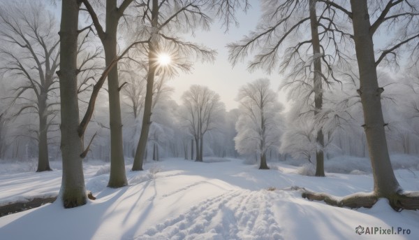 outdoors,sky,day,tree,no humans,shadow,sunlight,nature,scenery,snow,forest,winter,bare tree,footprints,cloud,mountain,sun,landscape