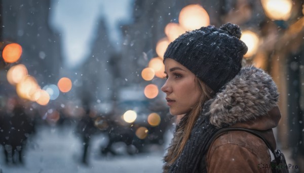 1girl, solo, long hair, blonde hair, hat, upper body, outdoors, hood, scarf, blurry, from side, lips, coat, fur trim, black headwear, profile, depth of field, blurry background, hood down, snow, snowing, realistic, nose, beanie, winter clothes, winter, bokeh, winter coat