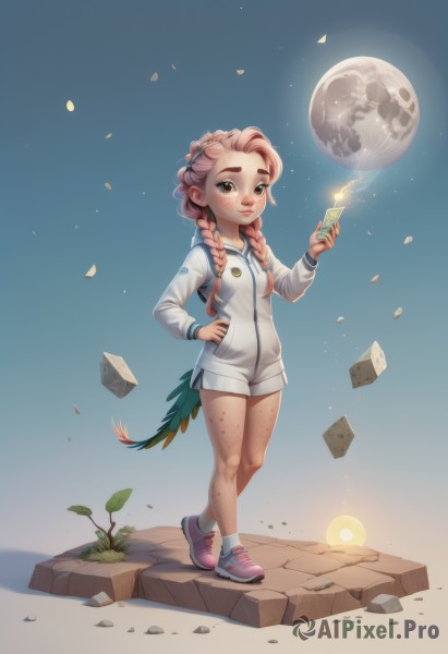 1girl,solo,long hair,looking at viewer,blush,smile,long sleeves,holding,brown eyes,closed mouth,standing,jacket,tail,full body,pink hair,braid,shoes,shorts,socks,artist name,hood,twin braids,lips,hand on hip,short shorts,hoodie,phone,moon,thick eyebrows,hood down,cellphone,sneakers,child,hair over shoulder,full moon,freckles,hand in pocket,dragon tail,sun,candle,scales,stone,body freckles,breasts,simple background,small breasts,blue background,white socks,forehead,white shorts,nose,pink footwear,planet,coin,white hoodie