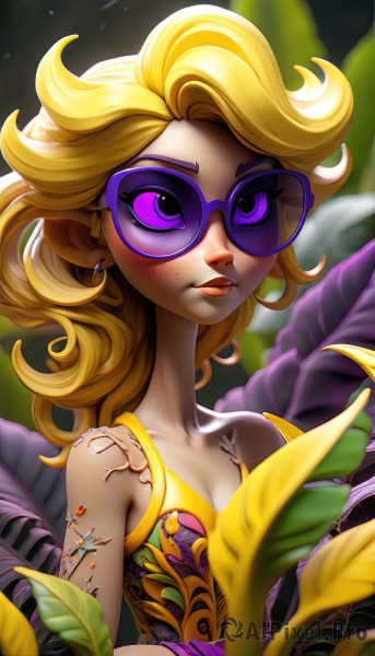 1girl,solo,long hair,breasts,bangs,blonde hair,cleavage,bare shoulders,jewelry,closed mouth,purple eyes,collarbone,upper body,flower,earrings,small breasts,pointy ears,mole,blurry,lips,makeup,leaf,sunglasses,plant,freckles,tinted eyewear,purple-tinted eyewear,medium breasts,glasses,artist name,tattoo,tank top,bug