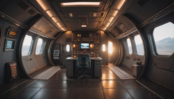 indoors,no humans,window,chair,scenery,reflection,science fiction,mountain,tile floor,reflective floor,seat,sky,wooden floor,monitor,cockpit,screen