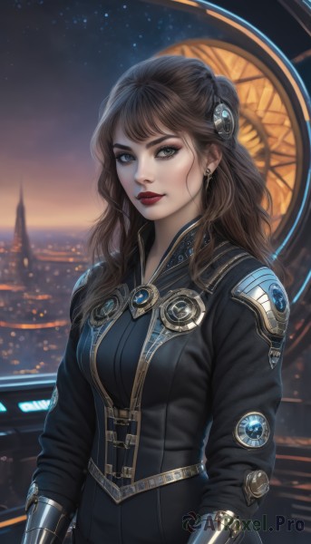 1girl,solo,long hair,breasts,looking at viewer,bangs,blue eyes,brown hair,hair ornament,long sleeves,brown eyes,jewelry,medium breasts,upper body,earrings,sky,artist name,lips,grey eyes,makeup,night,wavy hair,lipstick,star (sky),night sky,starry sky,science fiction,nose,clock,red lips,city lights,roman numeral,bodysuit,realistic,emblem