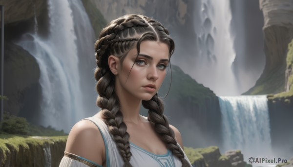 1girl,solo,long hair,breasts,looking at viewer,blue eyes,brown hair,black hair,cleavage,bare shoulders,jewelry,upper body,braid,multicolored hair,earrings,outdoors,parted lips,water,twin braids,lips,hair over shoulder,realistic,nose,stud earrings,waterfall,dress,medium breasts,closed mouth,collarbone,day,artist name,piercing,sunlight