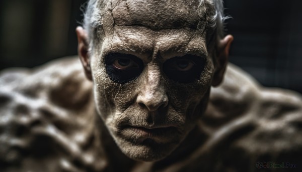 solo,looking at viewer,short hair,1boy,closed mouth,white hair,male focus,blurry,black eyes,blurry background,portrait,close-up,colored sclera,realistic,manly,brown eyes,grey hair,muscular,depth of field,scar