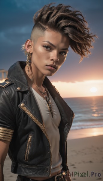 1girl,solo,breasts,looking at viewer,short hair,brown hair,shirt,black hair,brown eyes,jewelry,jacket,white shirt,upper body,short sleeves,earrings,small breasts,outdoors,parted lips,open clothes,sky,day,midriff,belt,pants,dark skin,water,necklace,mole,blurry,open jacket,dark-skinned female,lips,black jacket,mole under eye,blurry background,ocean,beach,piercing,cross,wind,ear piercing,zipper,backlighting,freckles,cropped jacket,sunset,hoop earrings,realistic,nose,sand,horizon,midriff peek,very short hair,leather,undercut,leather jacket,denim,asymmetrical hair,mohawk,gold chain