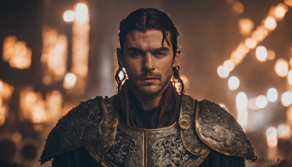 solo,looking at viewer,brown hair,black hair,1boy,jewelry,closed mouth,upper body,male focus,earrings,dark skin,armor,blurry,black eyes,depth of field,blurry background,facial hair,dark-skinned male,shoulder armor,beard,pauldrons,breastplate,realistic,manly,brown eyes,portrait,bokeh