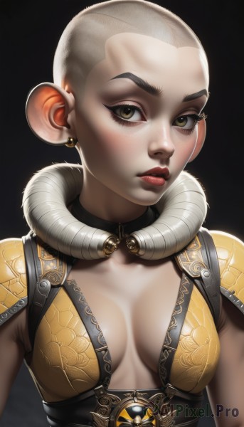 1girl,solo,breasts,looking at viewer,short hair,simple background,cleavage,brown eyes,jewelry,medium breasts,closed mouth,upper body,earrings,choker,artist name,armor,lips,eyelashes,makeup,lipstick,black background,breasts apart,freckles,realistic,nose,eyeliner,bald,very short hair,collarbone,collar,thick eyebrows,shoulder armor,genderswap,genderswap (mtf),eyeshadow,pauldrons,red lips