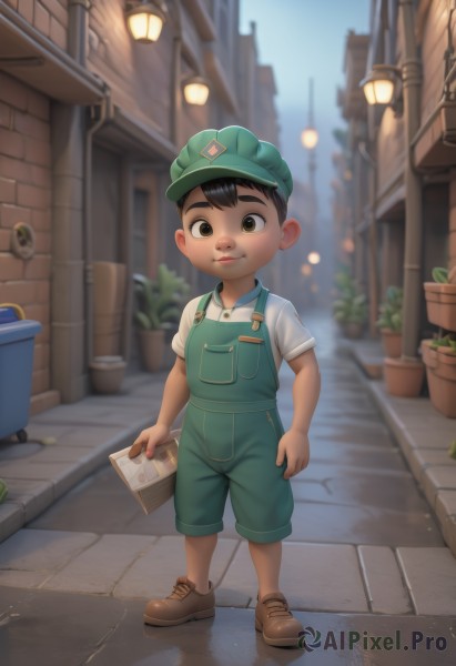 solo,looking at viewer,smile,short hair,shirt,black hair,1boy,hat,holding,brown eyes,closed mouth,standing,full body,white shirt,short sleeves,male focus,outdoors,shoes,day,blurry,blurry background,brown footwear,building,child,green headwear,potted plant,road,overalls,male child,lamppost,street,alley,sky,shorts,plant,flower pot