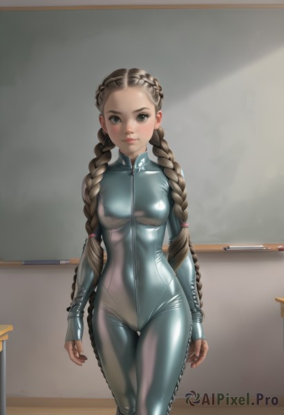 1girl,solo,long hair,breasts,looking at viewer,blush,brown hair,twintails,medium breasts,very long hair,closed mouth,standing,braid,shiny,indoors,twin braids,lips,grey eyes,bodysuit,covered navel,cameltoe,thigh gap,skin tight,forehead,zipper,shiny clothes,black bodysuit,classroom,chalkboard,latex,blue bodysuit,latex bodysuit,full-length zipper,grey bodysuit,brown eyes,small breasts,realistic,nose,zipper pull tab