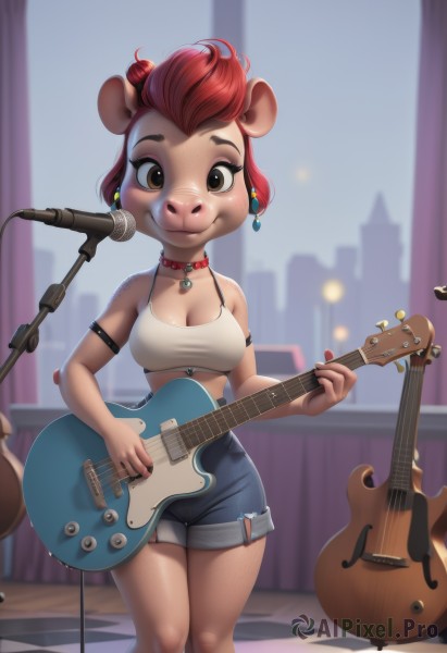 1girl,solo,breasts,looking at viewer,smile,short hair,holding,animal ears,cleavage,bare shoulders,brown eyes,jewelry,medium breasts,closed mouth,standing,collarbone,tail,red hair,earrings,shorts,choker,artist name,indoors,necklace,blurry,collar,crop top,short shorts,makeup,blurry background,watermark,denim,instrument,microphone,furry,armlet,freckles,blue shorts,denim shorts,mouse ears,furry female,music,guitar,body fur,checkered floor,playing instrument,holding instrument,animal nose,electric guitar,microphone stand,snout,underwear,bra,red collar,brown fur