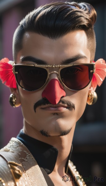 solo,looking at viewer,shirt,black hair,hair ornament,1boy,brown eyes,jewelry,flower,male focus,earrings,collared shirt,hair flower,hair bun,blurry,lips,blurry background,facial hair,sunglasses,thick eyebrows,red flower,portrait,beard,realistic,nose,mustache,hibiscus,dark skin,necklace