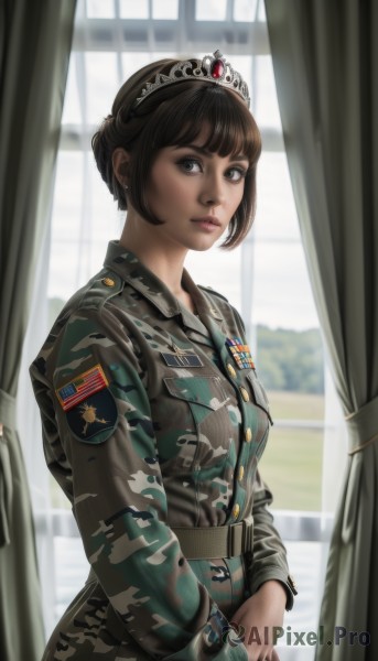 1girl,solo,looking at viewer,short hair,bangs,brown hair,black hair,long sleeves,brown eyes,jewelry,earrings,day,belt,indoors,blurry,uniform,black eyes,lips,military,window,military uniform,tiara,curtains,pocket,realistic,nose,camouflage,military jacket,soldier,camouflage jacket,breasts,jacket,crown,emblem,updo