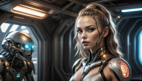 HQ,1girl,long hair,breasts,looking at viewer,blue eyes,blonde hair,brown hair,1boy,cleavage,medium breasts,upper body,ponytail,parted lips,armor,lips,makeup,glowing,helmet,robot,mecha,science fiction,realistic,nose,hair pulled back,alien,power armor,power suit,brown eyes,indoors,grey eyes,mask,wavy hair,between breasts,glowing eyes,1other,forehead,cyborg,cyberpunk,earpiece