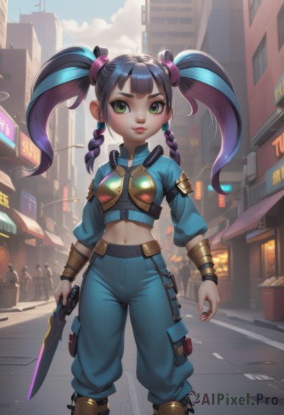 1girl,solo,long hair,looking at viewer,bangs,black hair,navel,holding,twintails,jewelry,closed mouth,green eyes,blue hair,standing,weapon,purple hair,braid,multicolored hair,earrings,boots,outdoors,sky,solo focus,day,midriff,shiny,pants,sword,artist name,holding weapon,armor,twin braids,two-tone hair,lips,crop top,makeup,feet out of frame,knife,building,genderswap,genderswap (mtf),cropped jacket,city,blue pants,holding knife,road,dagger,street,skyscraper,breasts,smile