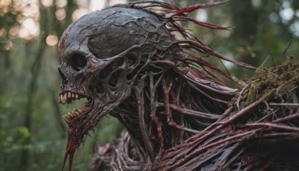 solo,open mouth,outdoors,teeth,blurry,from side,no humans,blood,depth of field,blurry background,fangs,sharp teeth,monster,alien,skull,realistic,skeleton,horror (theme)