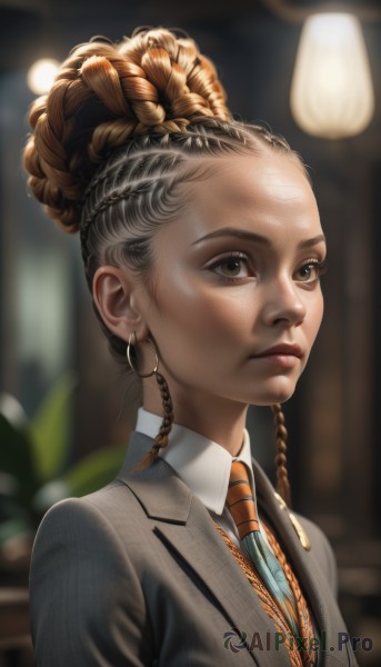 1girl,solo,brown hair,shirt,brown eyes,jewelry,closed mouth,jacket,white shirt,upper body,braid,earrings,necktie,striped,collared shirt,indoors,dark skin,necklace,blurry,vest,dark-skinned female,lips,eyelashes,depth of field,blurry background,formal,suit,plant,forehead,freckles,hoop earrings,realistic,grey jacket,nose,orange necktie,multiple braids,long hair,artist name,signature,black jacket,makeup,facial mark,looking away,portrait,striped necktie,dreadlocks