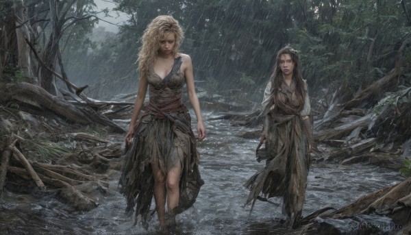 long hair,breasts,multiple girls,blonde hair,brown hair,black hair,dress,2girls,cleavage,bare shoulders,jewelry,medium breasts,closed mouth,standing,weapon,outdoors,barefoot,sword,water,necklace,tree,lips,wet,torn clothes,bare arms,wet clothes,nature,wading,forest,walking,rain,realistic,arms at sides,looking at viewer,black dress,dirty,dirty feet